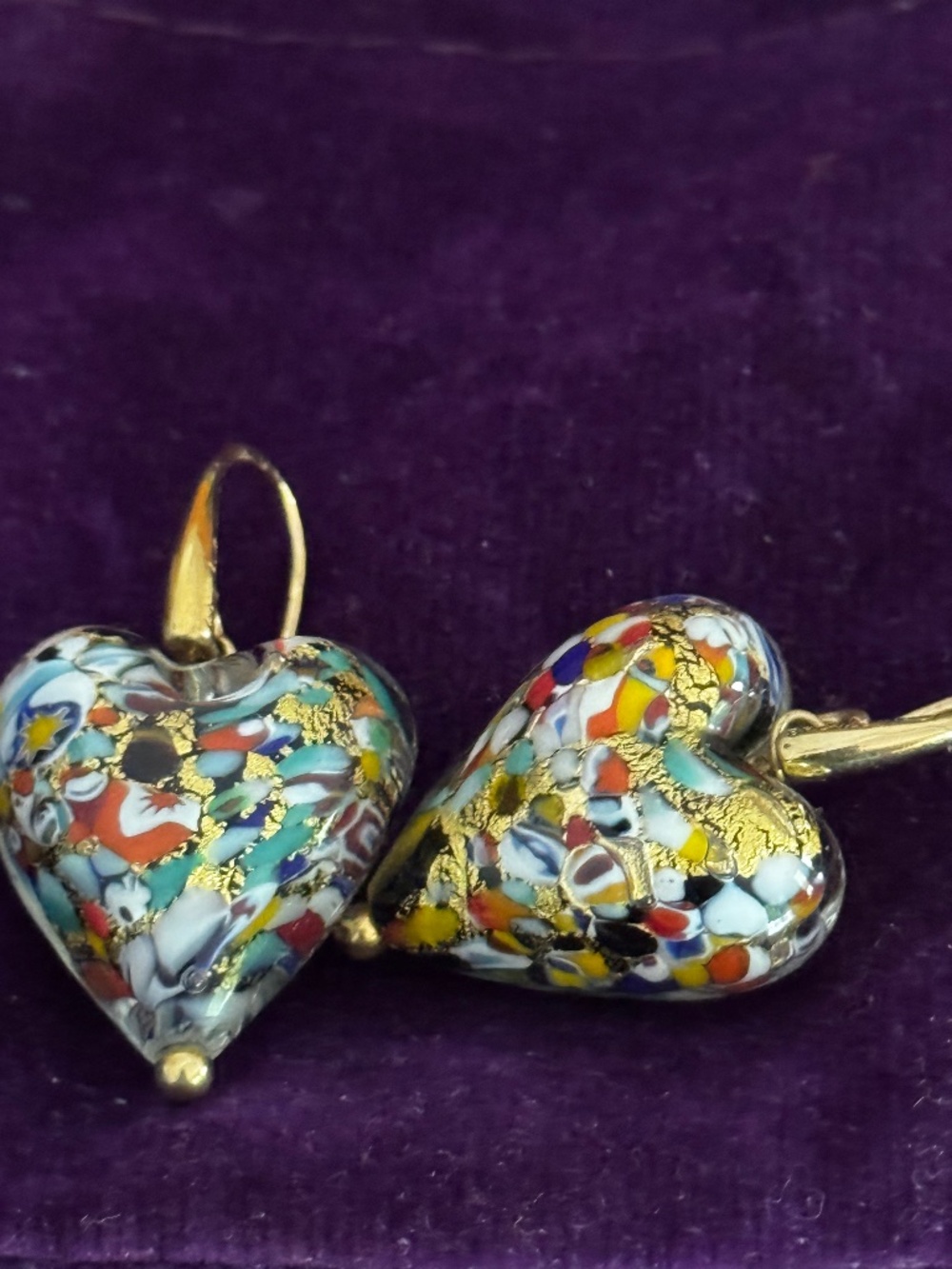 Murano Glass Heart Earings Gold Wires